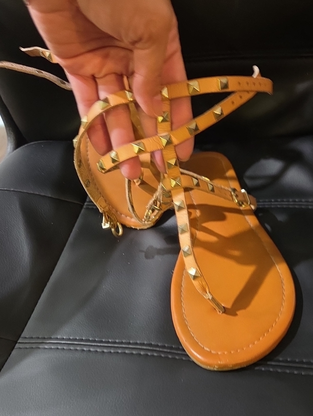 Studded Tan Leatherette T-Strap Sandals - Women's